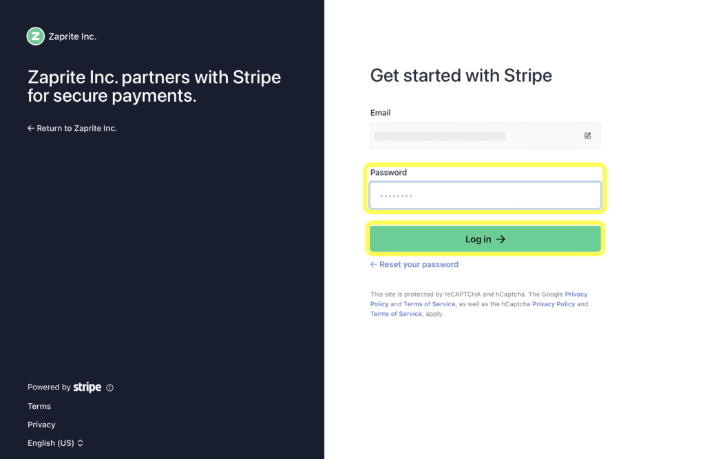 Stripe connect enter password
