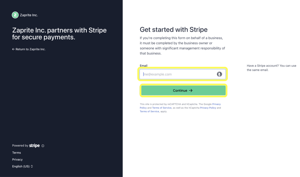 enter Stripe email address