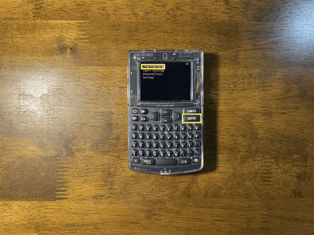 to setup as a new wallet select New Seed Words from the menu and hit enter